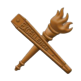 A pace stick and torch crossed in colour bronze